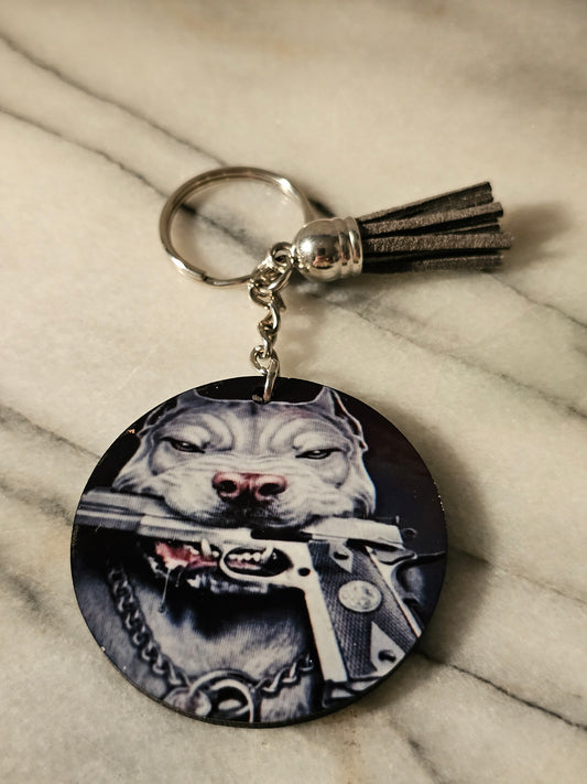 2 inch sublimation Pitbull with gun Keychain