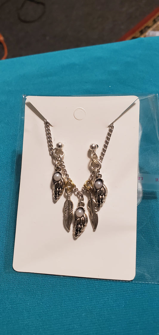 Stainless steel silver plated angel wings with feathers necklace and angel earrings