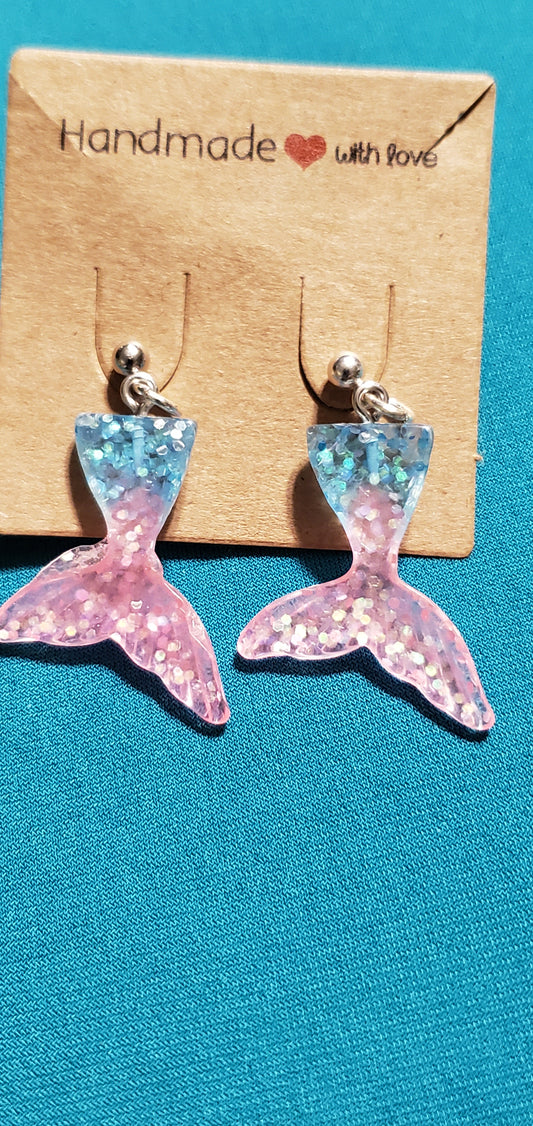 Pink and blue mermaid tail on silver plated post earrings