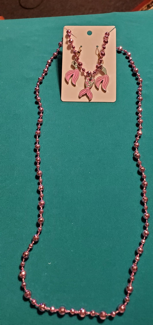 Pink mermaid tail necklace and earrings on pink beads