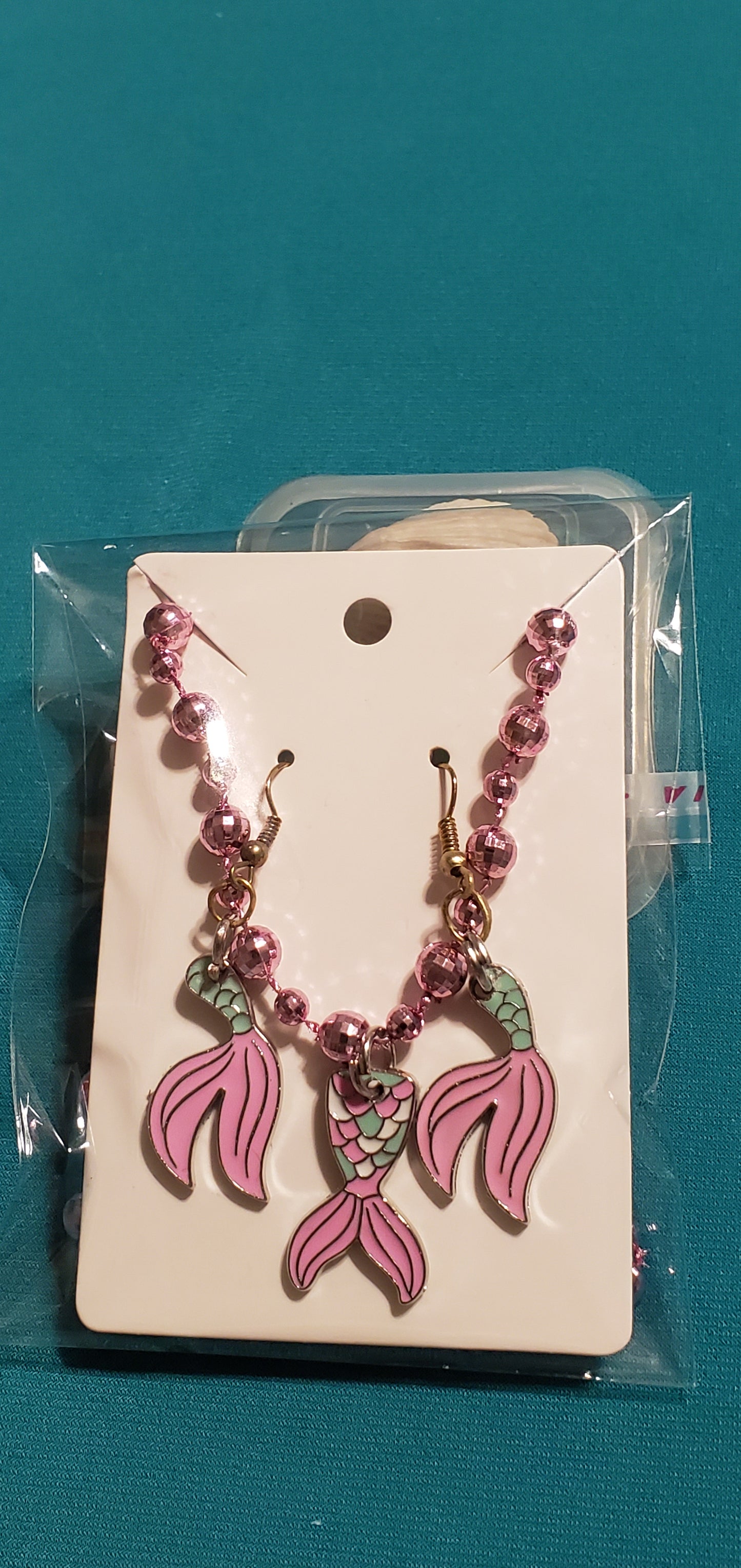 Mermaid tail on beaded necklace & mermaid earrings