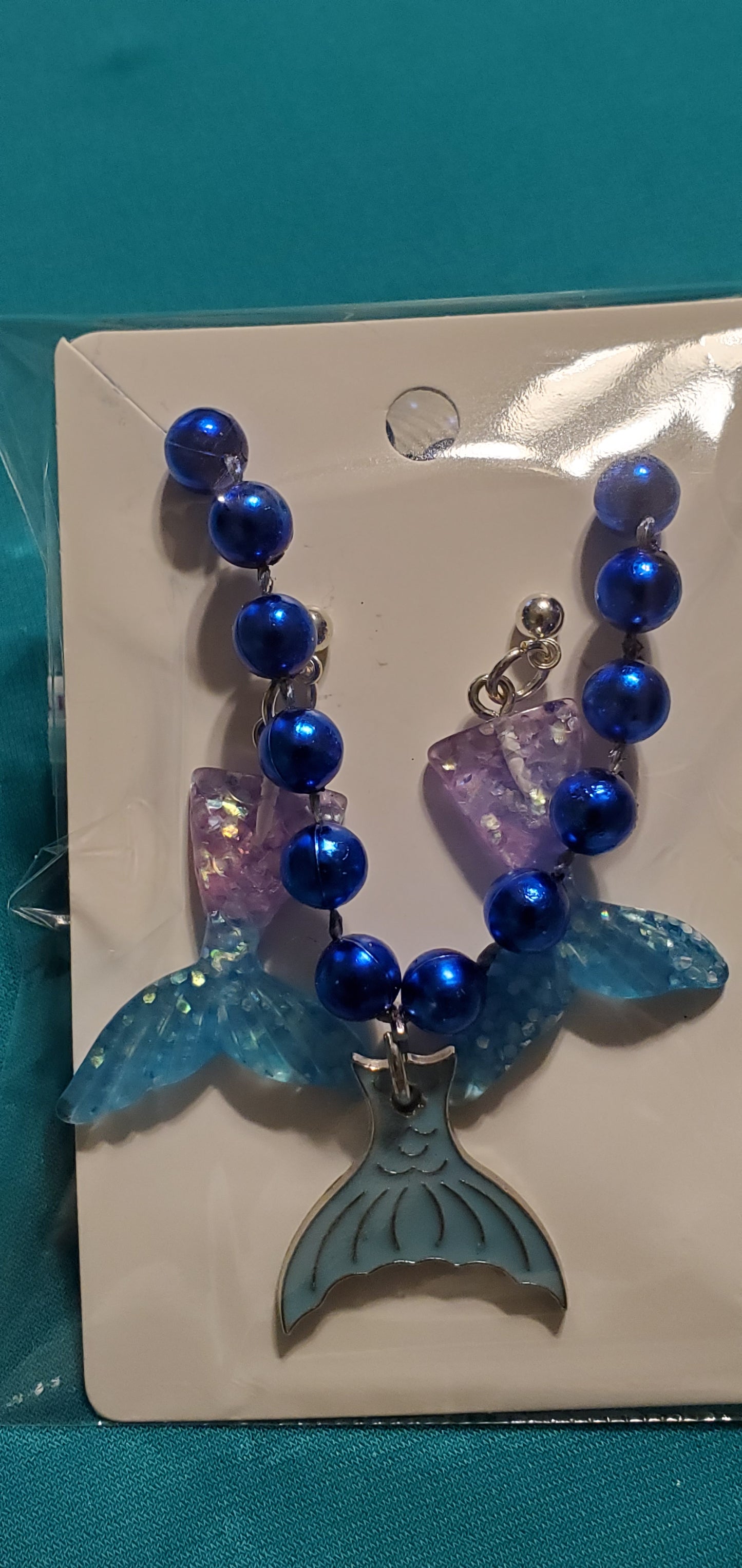 Mermaid tail on blue beaded necklace  & earrings