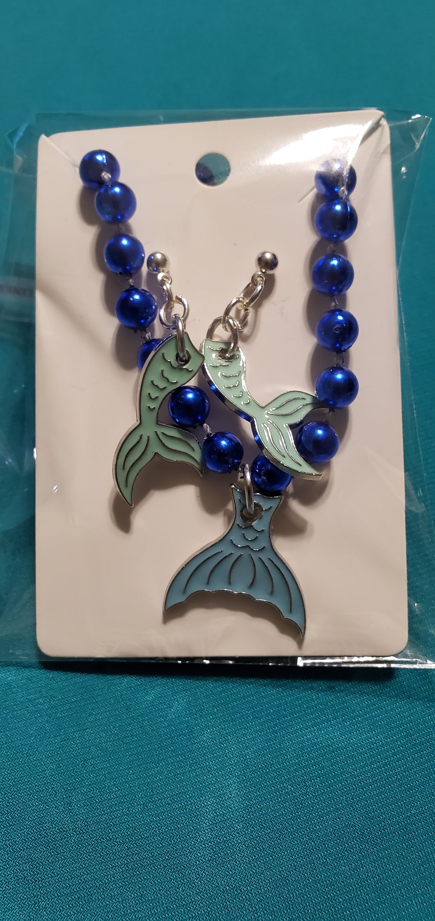 Mermaid tail on blue beaded necklace  & earrings