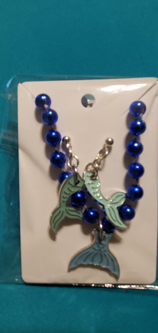 Mermaid tail on blue beaded necklace  & earrings