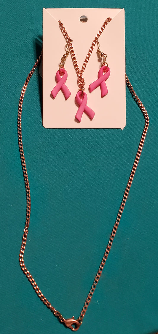 Pink cancer free gold plated necklace and earrings