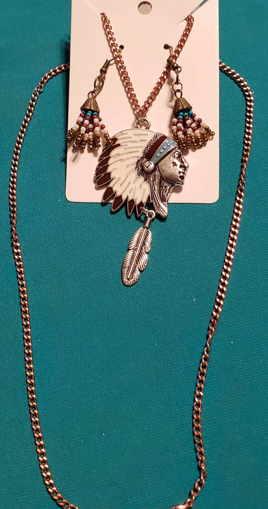 Indian head on bronze plated necklace and Indian beads on bronze plated post